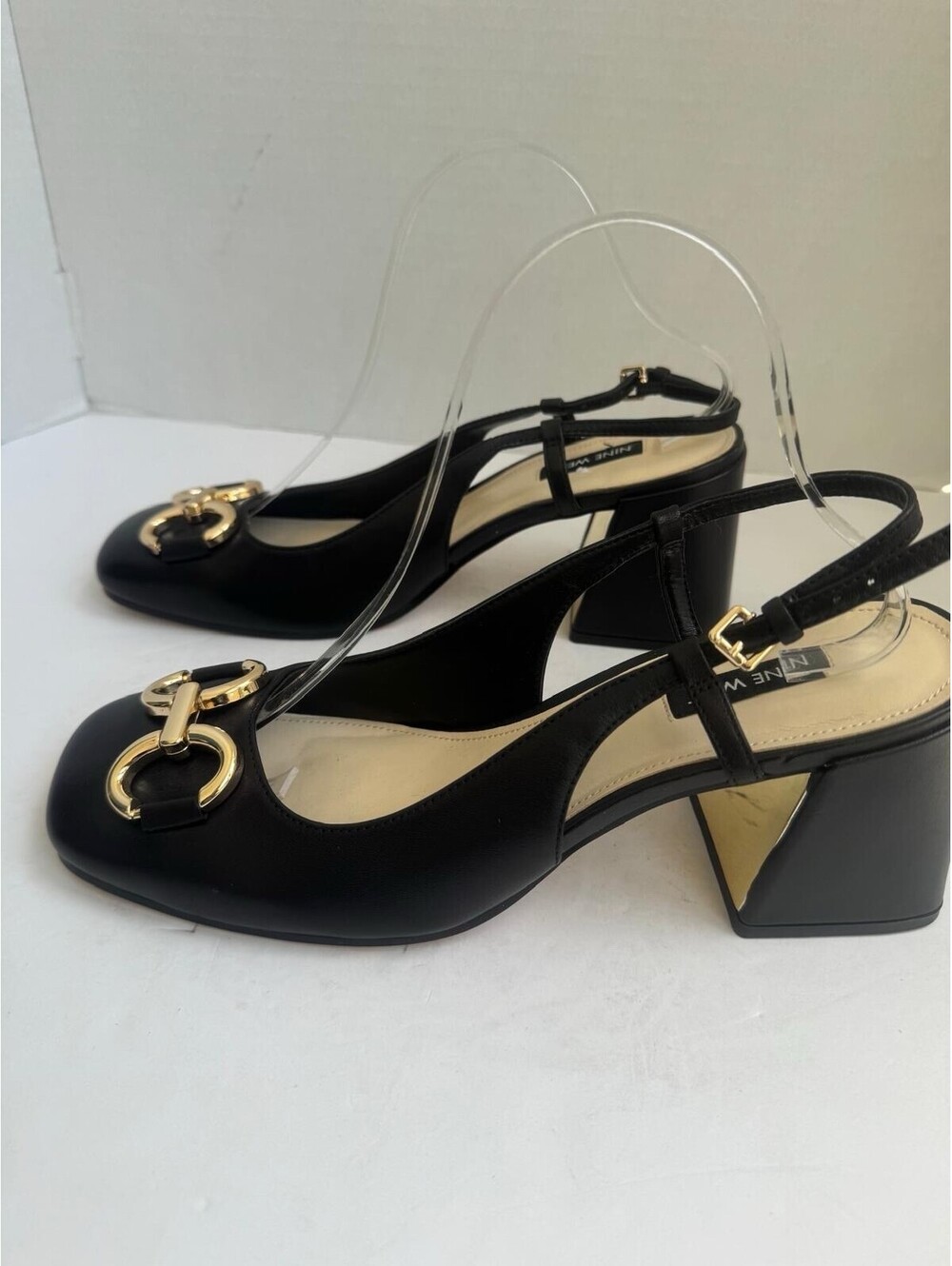 Nine West Cast Leather Block Heel Slingback Pump – Black – Square Toe Design - Picture 7 of 14
